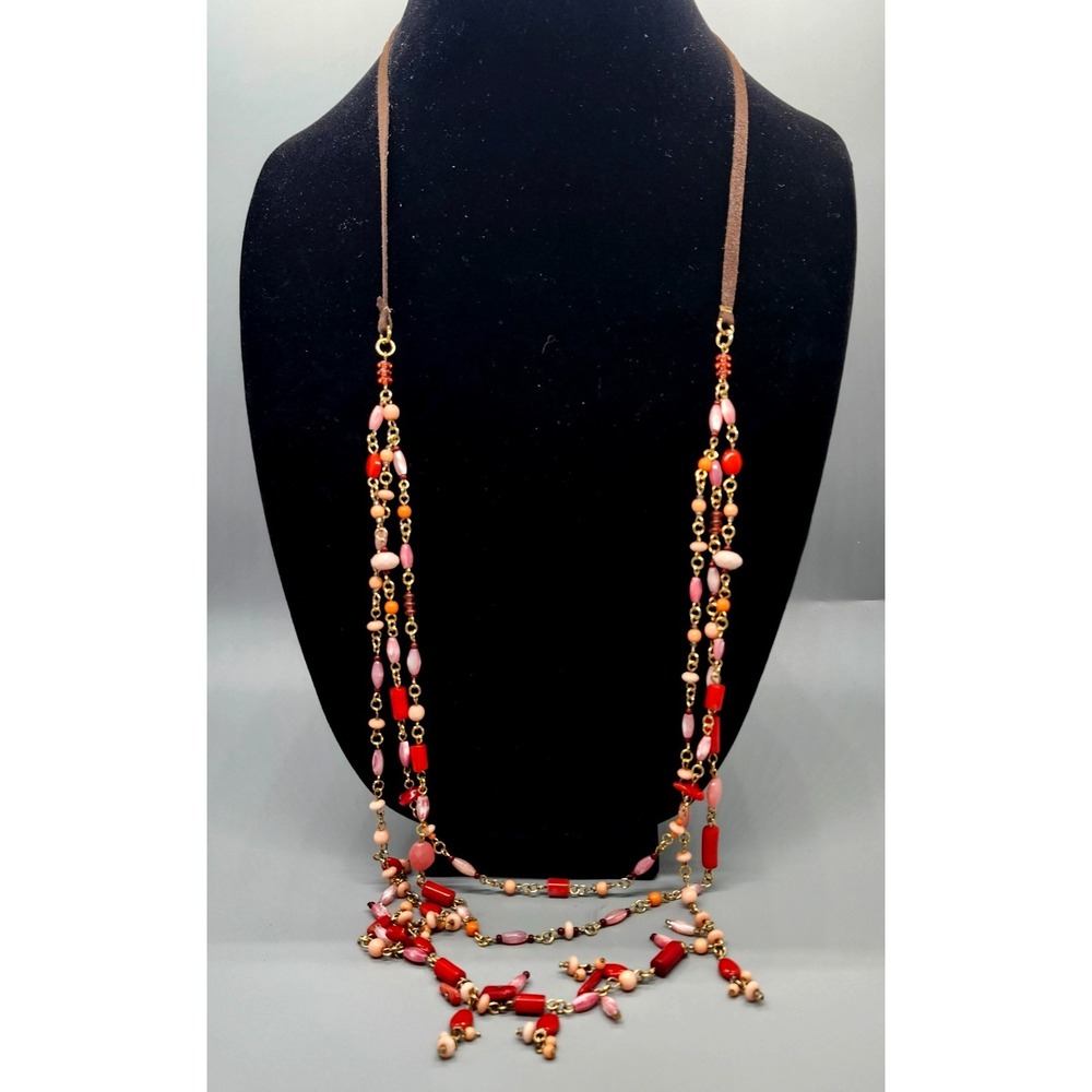 Boho Multi Strand Bead Necklace Red Pink Gold Tone Faux Suede Cord Layered